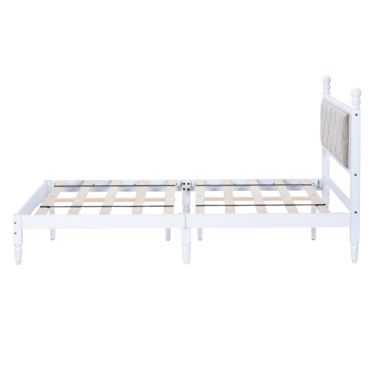 Wooden Bed Frame With Fabric Headboard, Solid Rubberwood With Wooden Central Support