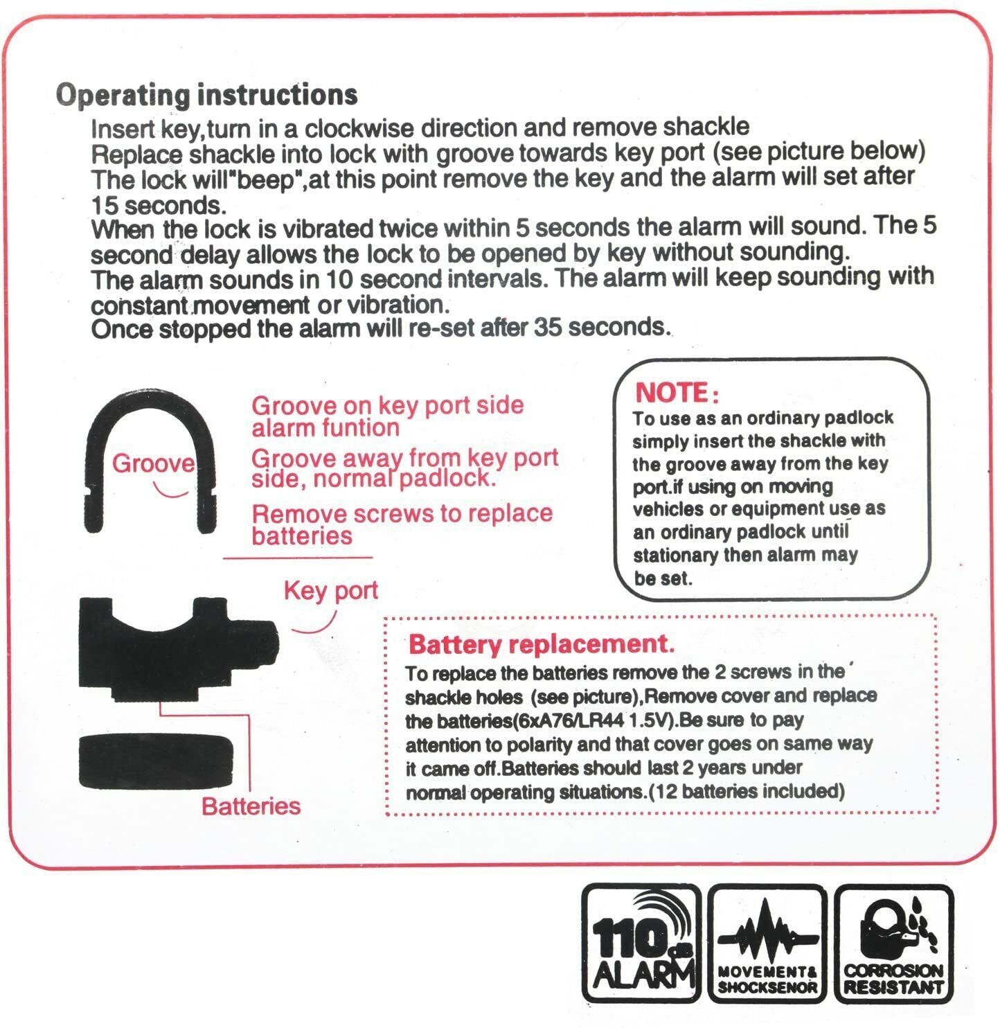 110db Alarmed Padlock Long NEW Heavy Duty Weatherproof Shackle Padlock