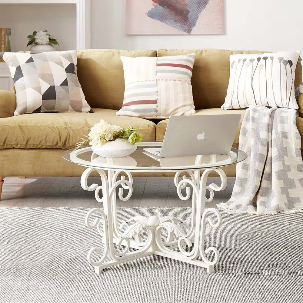 Round Tempered Glass Coffee Table With Metal Leaf Base, Casual Cocktail Table With Tempered Glass Top