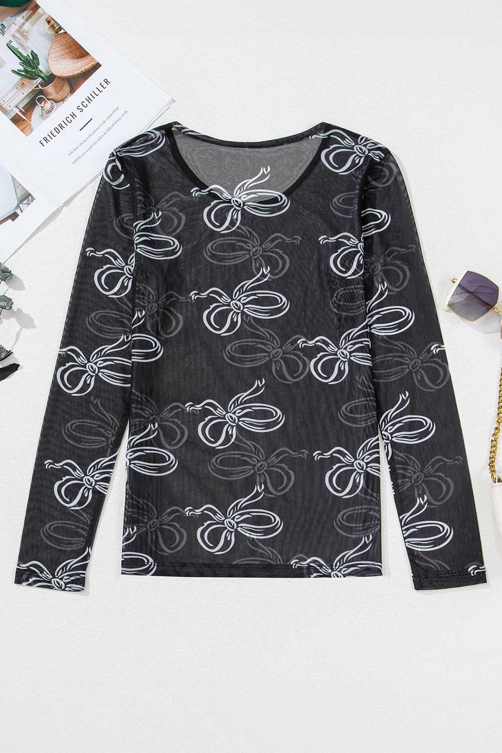 Black Bow Print Long Sleeve Mesh Top