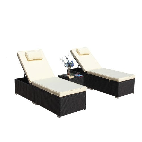 3-Piece Outdoor Patio Furniture Set Chaise Lounge, Patio Reclining Rattan Lounge Chair Chaise Couch Cushioned With Glass Coffee Table, Adjustable Back And Feet, Lounger Chair For Pool Garden, Beige