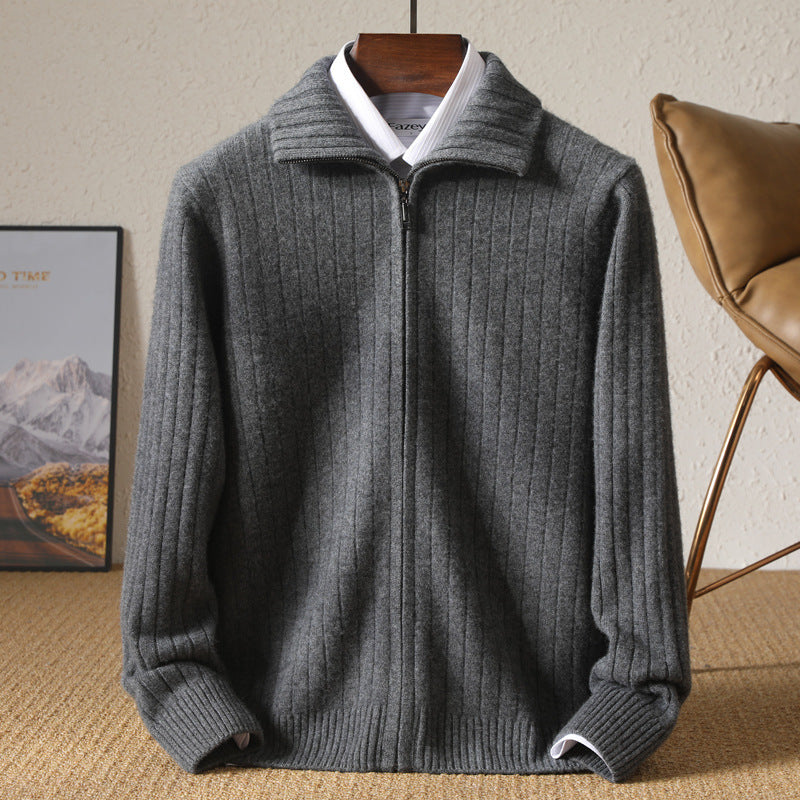 Pure Wool Sweater Men's Lapel Full Zipper