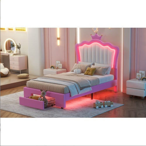 Twin Size Upholstered Bed Frame With LED Lights, Modern Upholstered Princess Bed With Crown Headboard, A Drawer