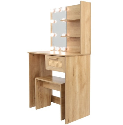 Vanity Desk Set Stool & Dressing Table With LED Lighting Mirror Drawer And Compartments Modern Wood Cosmetic Table Chest Of Drawers Nature Color