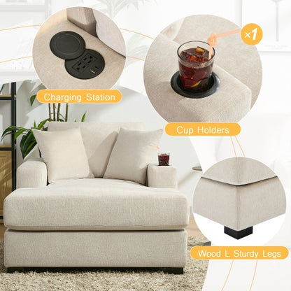 43.5 Oversized Chaise Lounger Modern Style Sofa Couch ,with Pillows, Charge Station  Cup Holders, Chenille Fabric