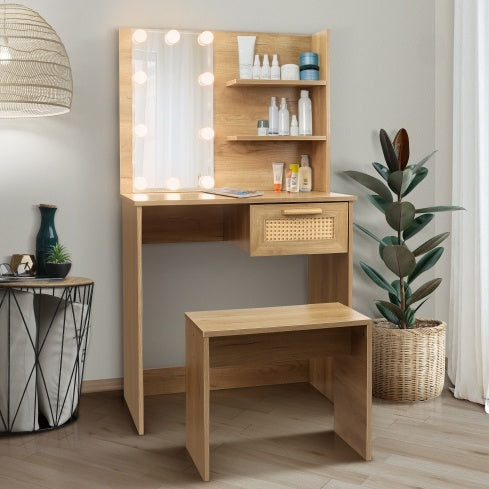 Vanity Desk Set Stool & Dressing Table With LED Lighting Mirror Drawer And Compartments Modern Wood Cosmetic Table Chest Of Drawers Nature Color