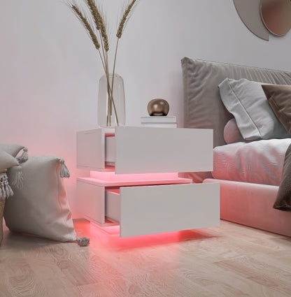 White Color High Glossy 2 Drawers Bedside Table With RGB Led Light Nightstand With Bluetooth Control