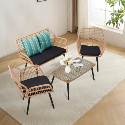 Yellow Round Rattan, Black Seat Cushion, Braided Rattan Four-piece Set