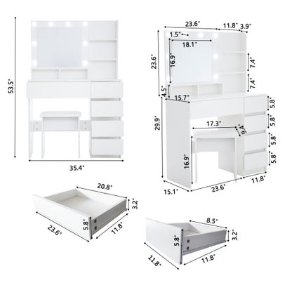 Vanity, Makeup Vanity Desk Set With Mirror & Light, Dressing Table Storage Lots With Power Strip, 3 Lighting Modes With Adjustable Brightness, 37 Inches White With Stool