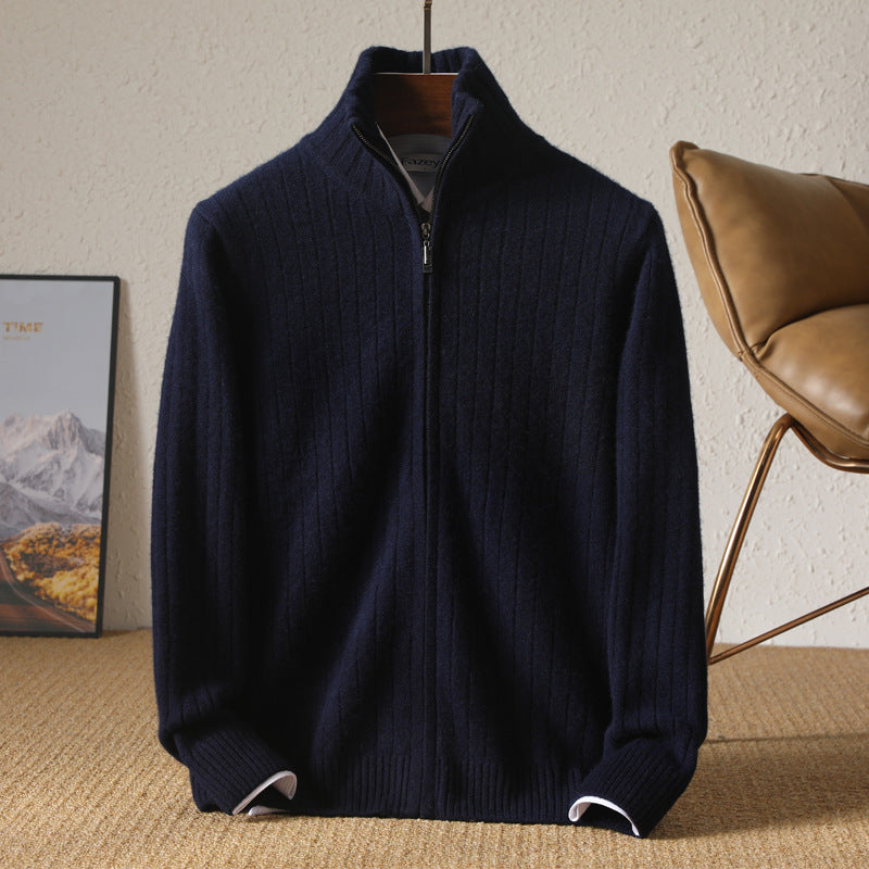 Pure Wool Sweater Men's Lapel Full Zipper