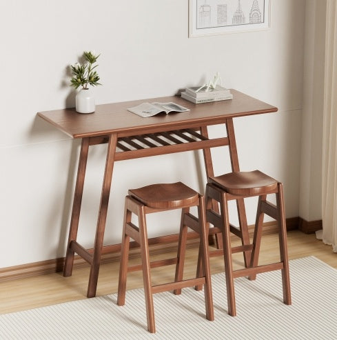 3 PCS Pub Dining Set Retro Bar Table Rubber Wood Stackable Backless High Stool For 2 With Shelf And Hooks For Home Bar Small Space