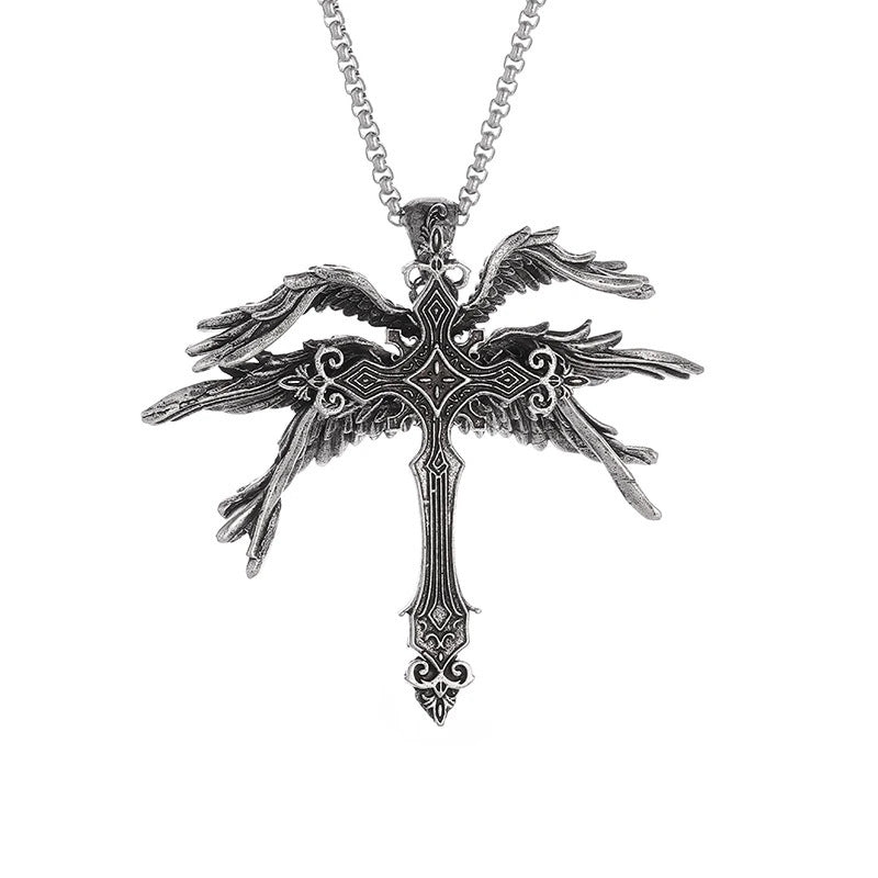 Vintage Silver Six Winged Angel Wings Cross Pendant Necklace