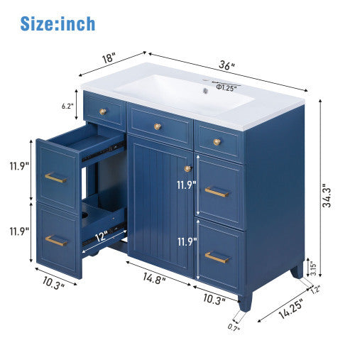 36  Bathroom Vanity Cabinet With Sink Top Combo Set, Navy Blue, Single Sink, Shaker Cabinet With Soft Closing Door And Drawer