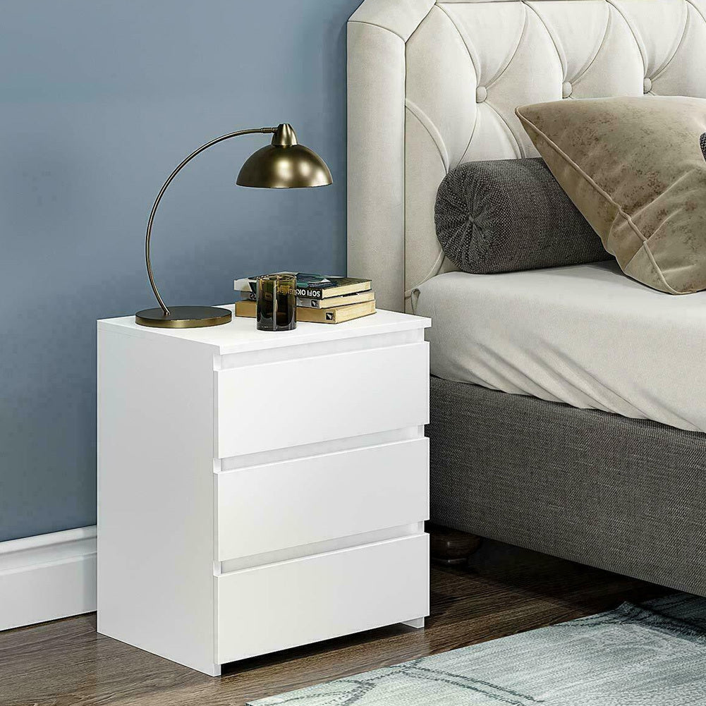 White Modern Bedside Table Cabinet Nightstand with 3 Storage Drawers Bedroom Furniture