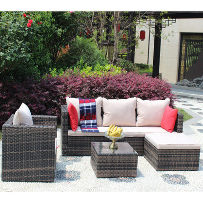 Rattan Patio Furniture Set Wicker Sofa Cushioned Sectional Furniture Set Garden Patio Sofa Set 4 Pieces, Brown