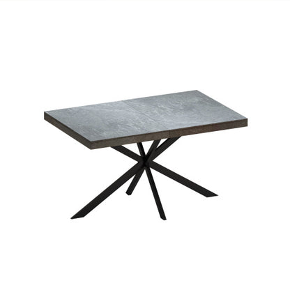 Retro Rectangular Stretch Dining Table,Dark Grey Stone Top And Black Relief Plate, Black Fine Sand Cross Iron Foot Base Dining Table, With Storage Box