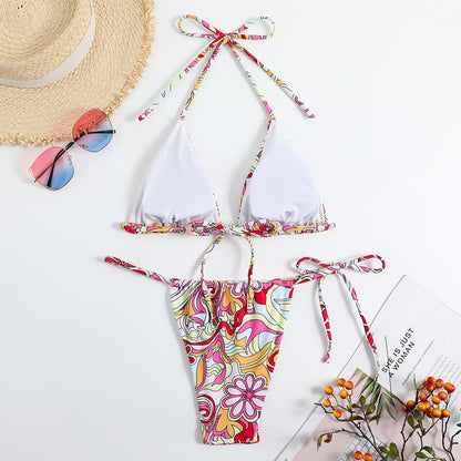 Triangle Printed Bikini For Women With Separate System And Hanging Neck Swimsuit