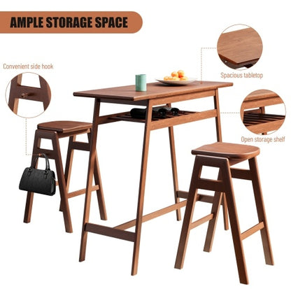 3 PCS Pub Dining Set Retro Bar Table Rubber Wood Stackable Backless High Stool For 2 With Shelf And Hooks For Home Bar Small Space