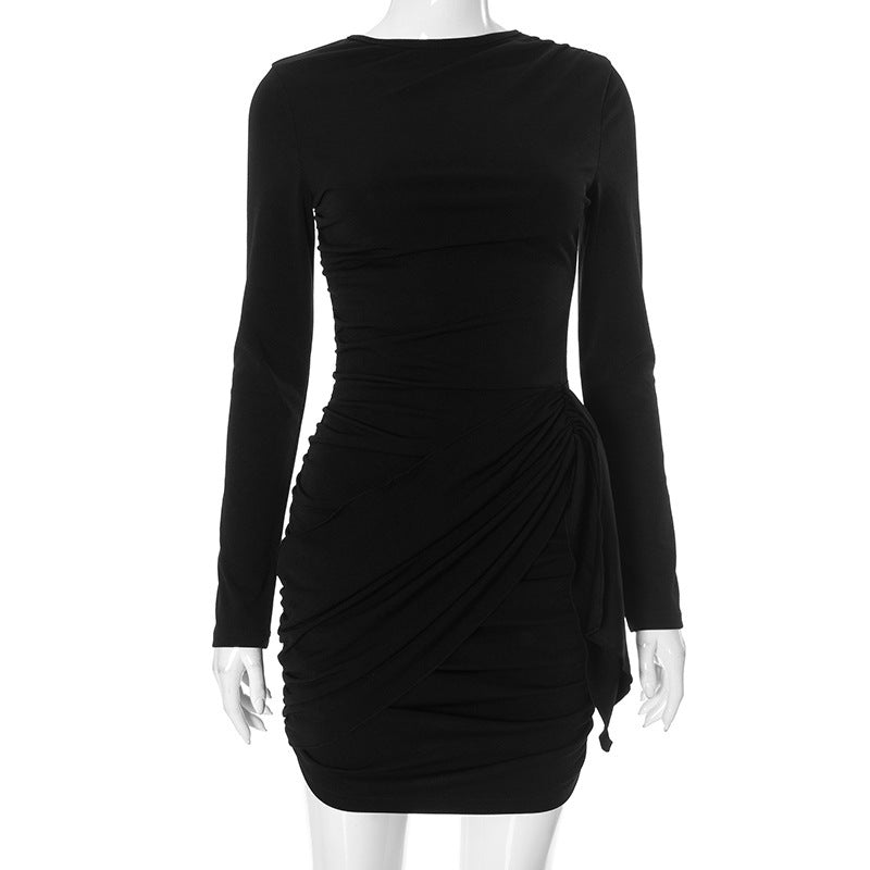 Women's Round Neck Pleated Bandage Waist Dress