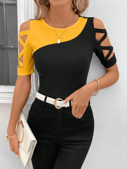 Color Matching Cross Off-the-shoulder Slim Top For Women