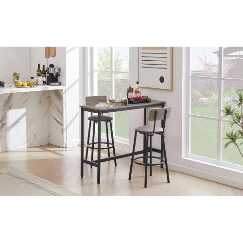 Bar Table Set With 2 Bar Stools PU Soft Seat With Backrest, Grey