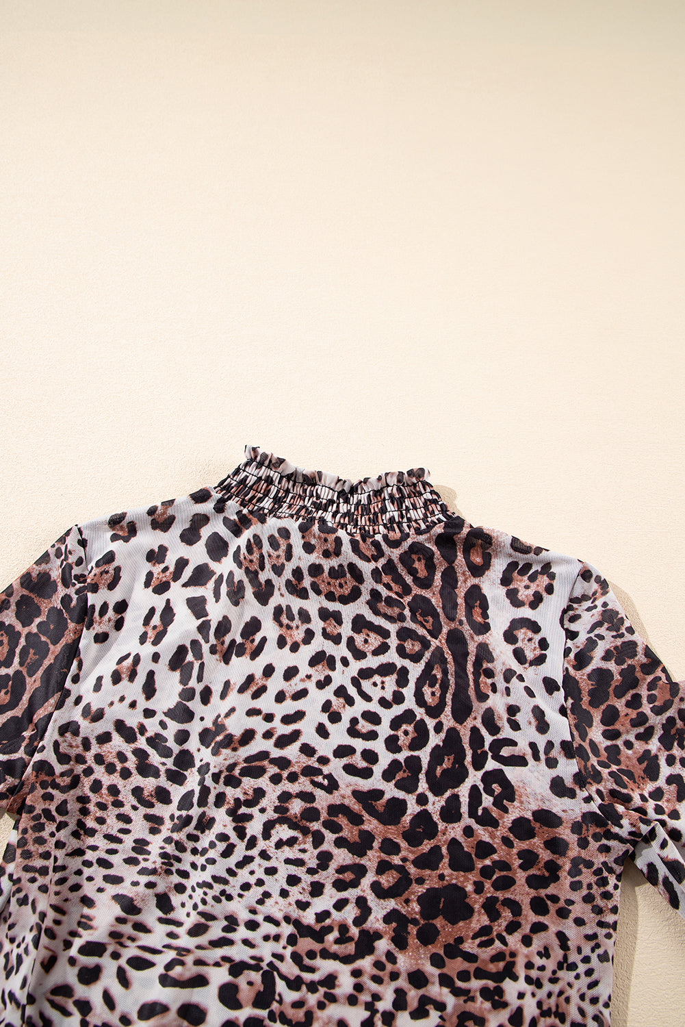 Brown Allover Leopard Print Smocked Neck Mesh Bodysuit