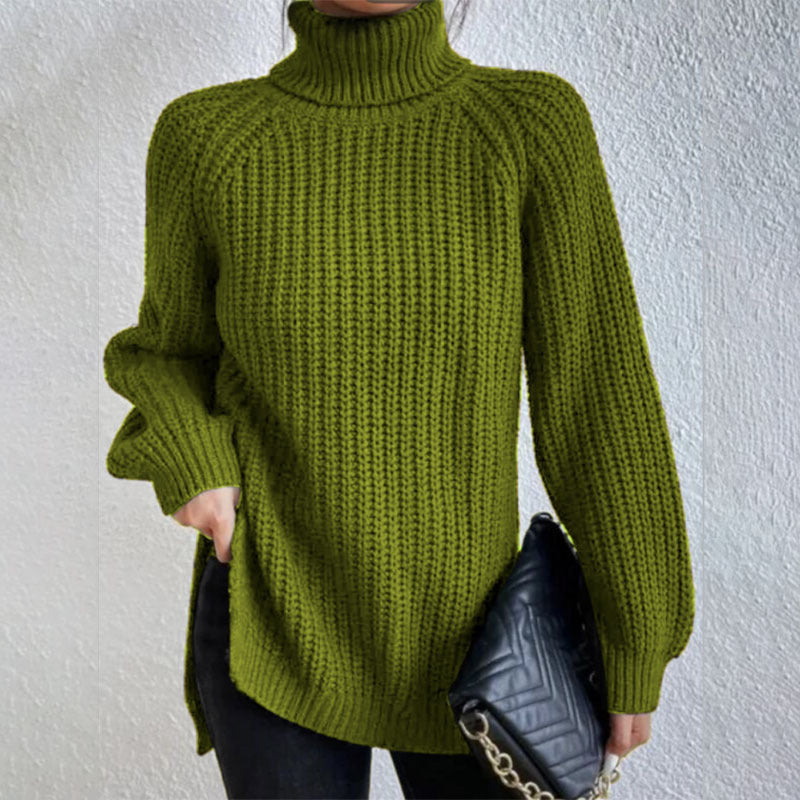 Turtleneck Pullover Sweater With Split Design Fashion Simple Solid Color Long Sleeve Tops Women's Clothing