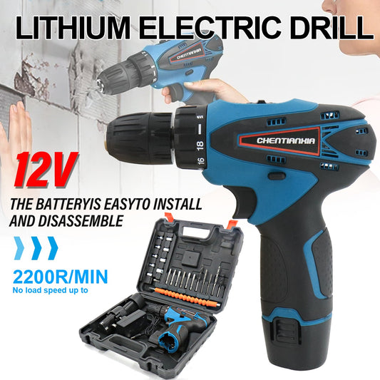 12V Cordless Drill Combi Driver High Power Electric Screwdriver Set 2 Battery