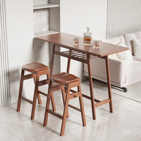 3 PCS Pub Dining Set Retro Bar Table Rubber Wood Stackable Backless High Stool For 2 With Shelf And Hooks For Home Bar Small Space