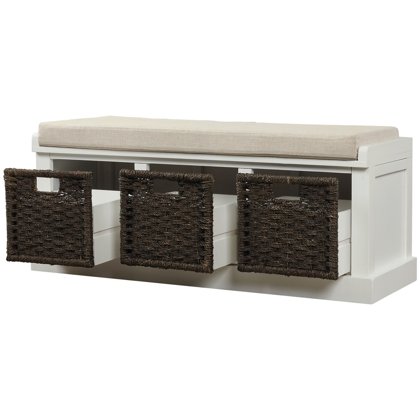 Rustic Storage Bench With 3 Detachable Classic Rattan Baskets