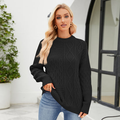 Casual Round-neck Pullover Sweater Fall Winter Solid Color Cable-knot Pattern Tops Women Clothing