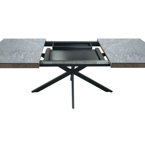 Retro Rectangular Stretch Dining Table,Dark Grey Stone Top And Black Relief Plate, Black Fine Sand Cross Iron Foot Base Dining Table, With Storage Box