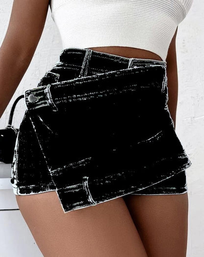 Y2K Street Vintage Denim Shorts Stretch Overlap Waist Wrap Solid Asymmetrical Hem A-Line Skinny Mini Skorts Skirt