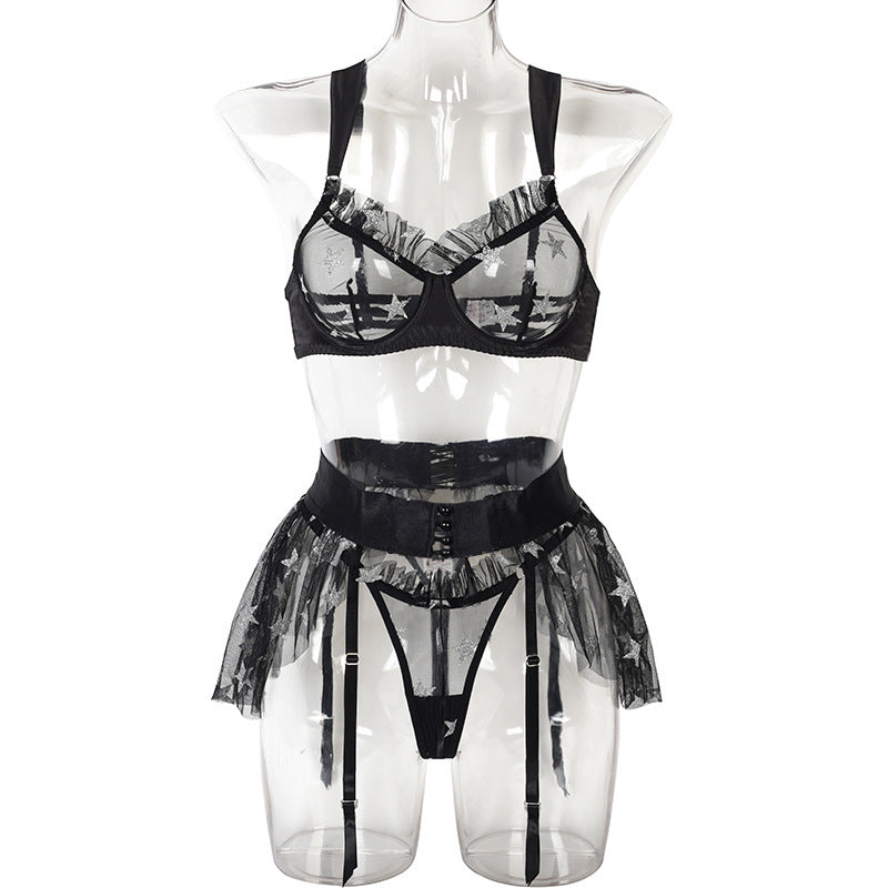 Printing See-through Mesh Underwear Three-piece Set