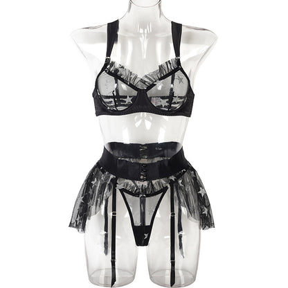 Printing See-through Mesh Underwear Three-piece Set