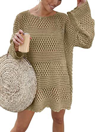 Woven Round Neck Hollow Beach Cover-up Loose Casual Sweater