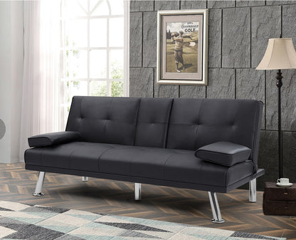 Black PU 66inch Sleeper Sofa,2-seat Sofa With Cup Holder, Folding Sofa Bed, Accompany Two Head Pillows