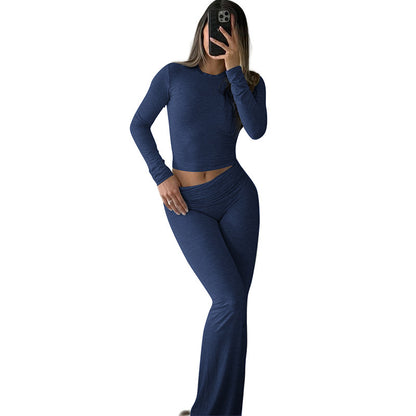 Round Neck Long Sleeve Low Waist Bell-bottom Pants Sportswear Suit