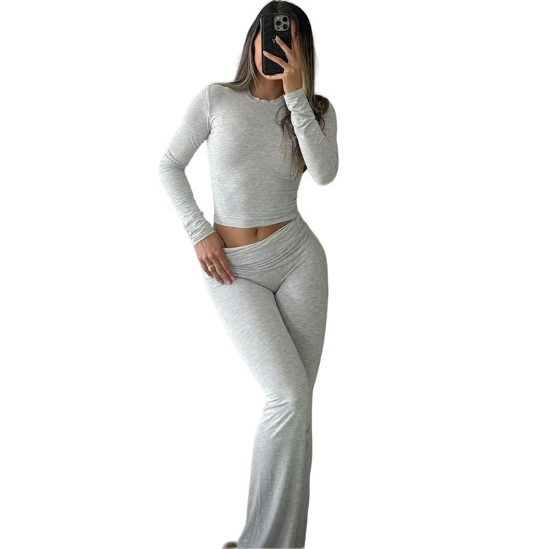 Round Neck Long Sleeve Low Waist Bell-bottom Pants Sportswear Suit