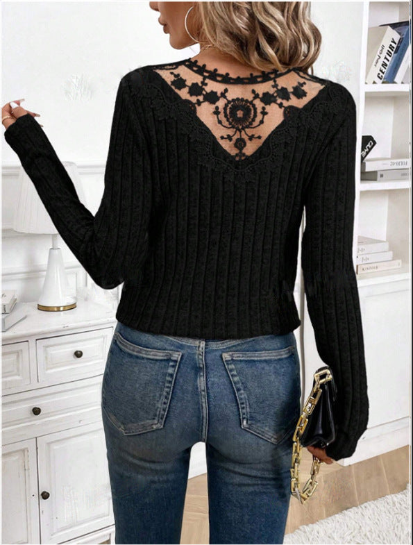 Solid Color Lace Stitching Hollow-out Long-sleeved T-shirt