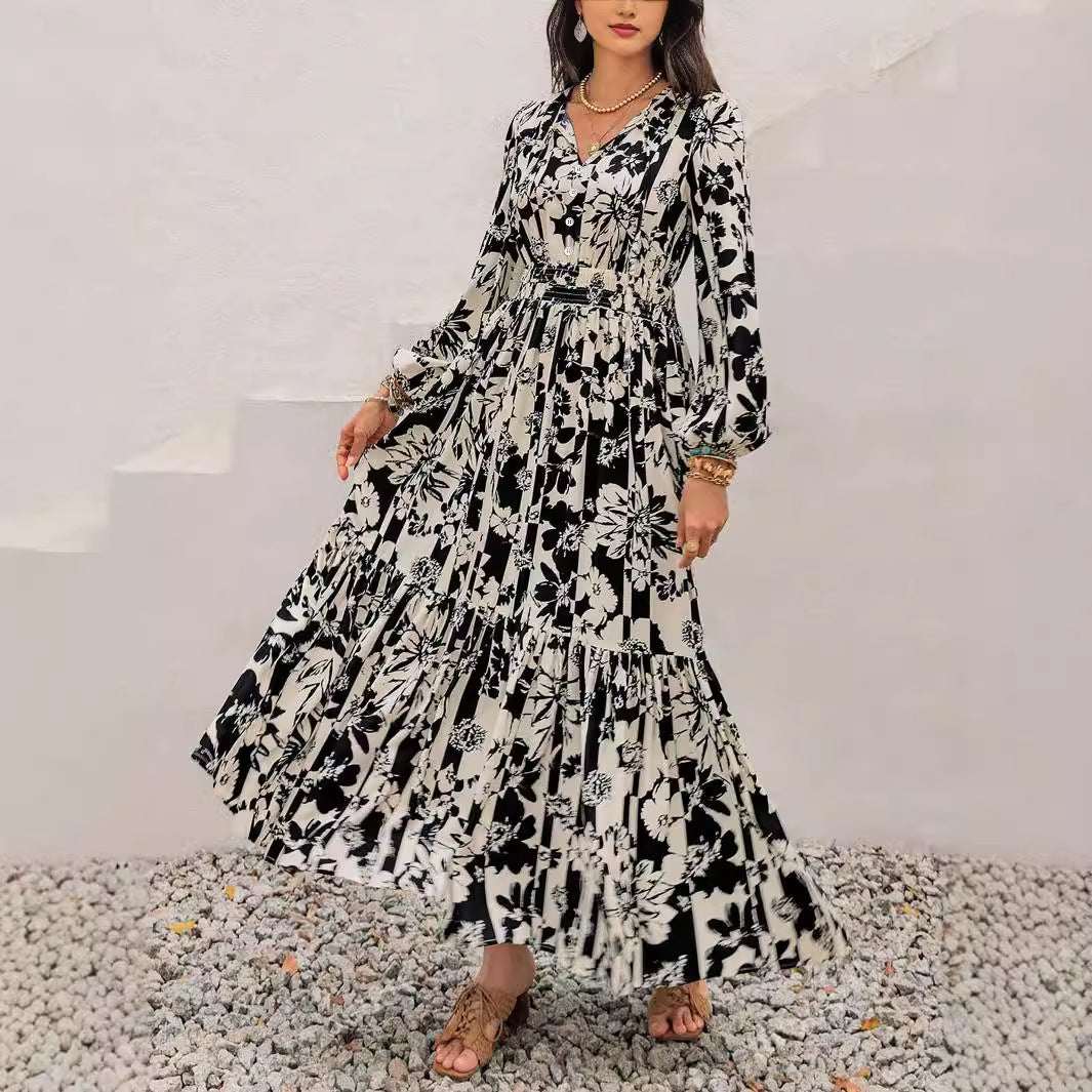 Spring And Autumn Full Printed Lantern Sleeve Dress