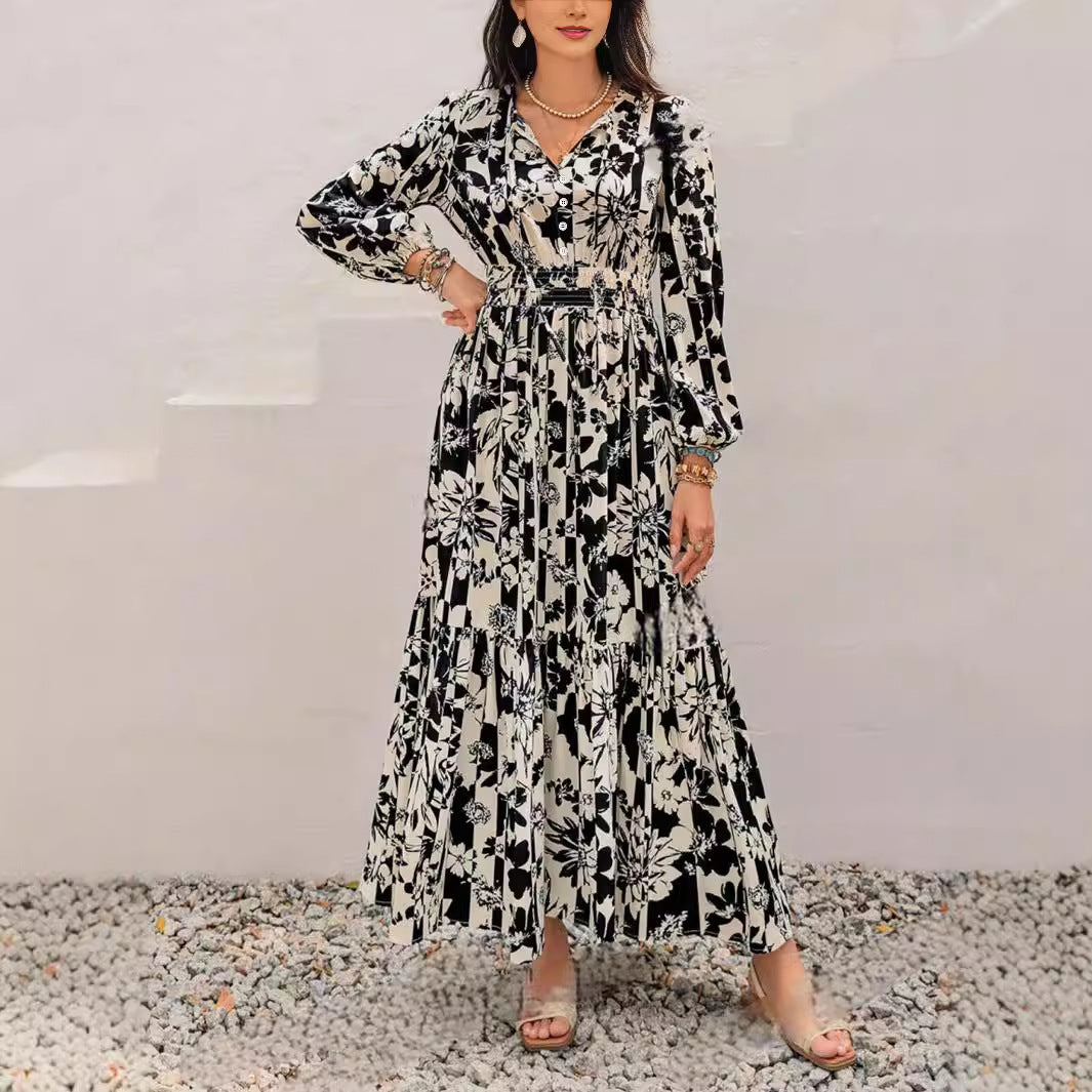 Spring And Autumn Full Printed Lantern Sleeve Dress