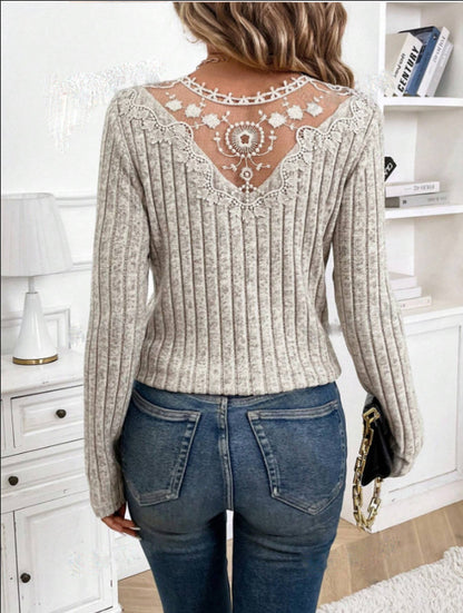 Solid Color Lace Stitching Hollow-out Long-sleeved T-shirt