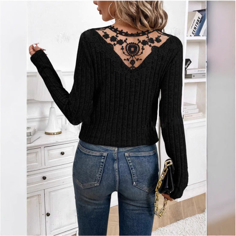 Solid Color Lace Stitching Hollow-out Long-sleeved T-shirt