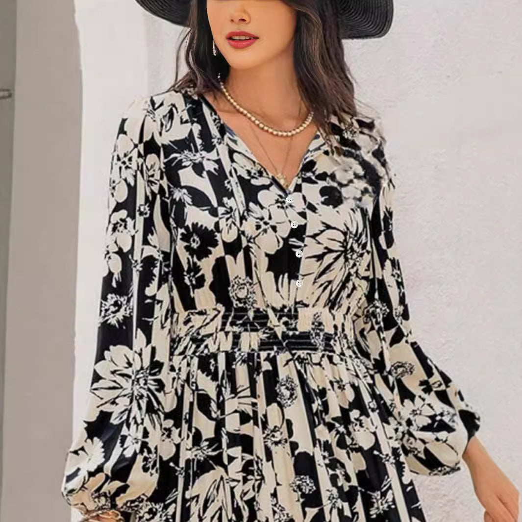 Spring And Autumn Full Printed Lantern Sleeve Dress