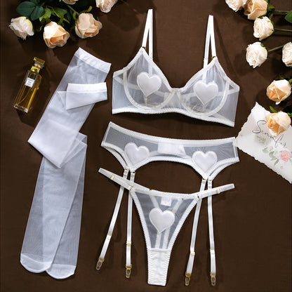 Transparent Bra Underwear Four-piece Set With Stockings Christmas Outfit