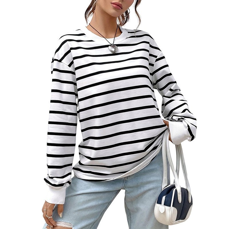 Women's Casual Loose Round Neck Vintage Stripe Long-sleeved T-shirt