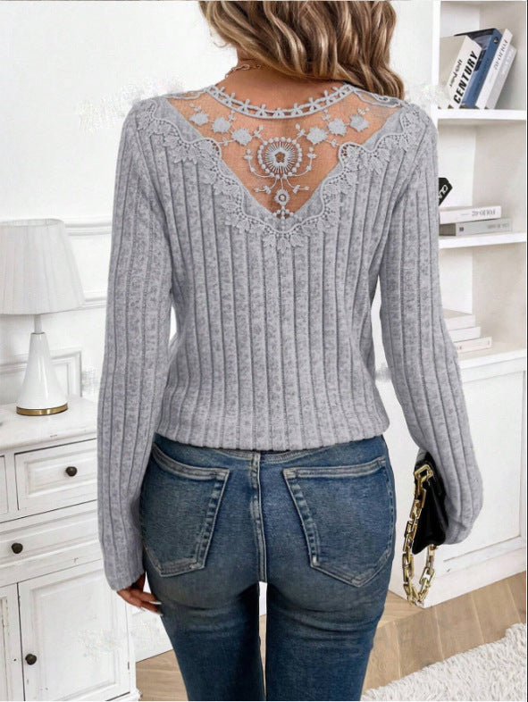 Solid Color Lace Stitching Hollow-out Long-sleeved T-shirt