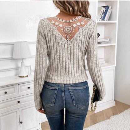 Solid Color Lace Stitching Hollow-out Long-sleeved T-shirt