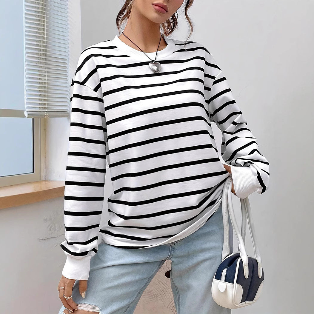 Women's Casual Loose Round Neck Vintage Stripe Long-sleeved T-shirt